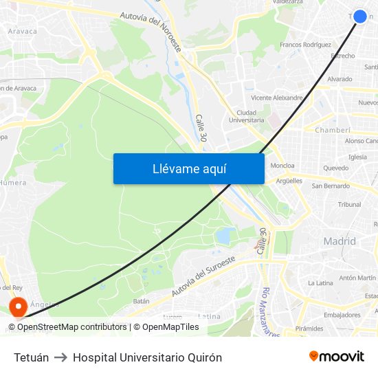 Tetuán to Hospital Universitario Quirón map