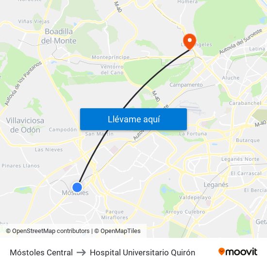 Móstoles Central to Hospital Universitario Quirón map