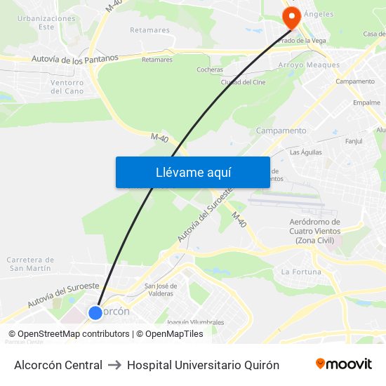 Alcorcón Central to Hospital Universitario Quirón map