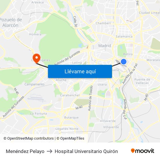 Menéndez Pelayo to Hospital Universitario Quirón map