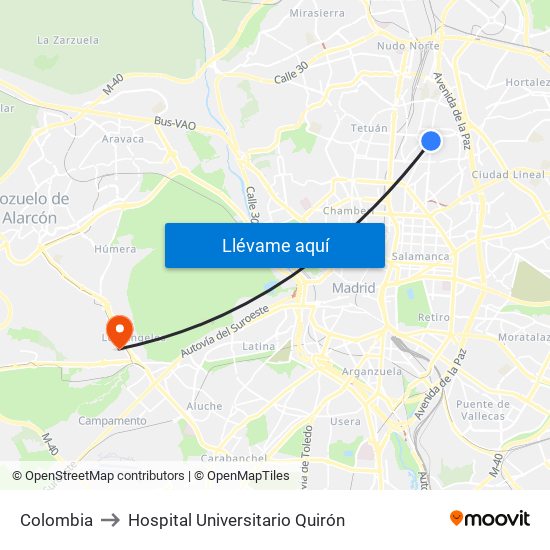 Colombia to Hospital Universitario Quirón map