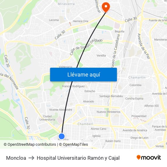 Moncloa to Hospital Universitario Ramón y Cajal map