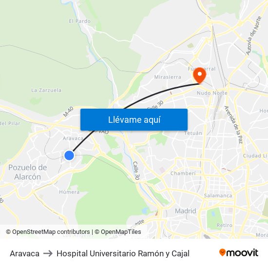 Aravaca to Hospital Universitario Ramón y Cajal map