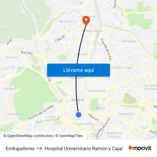 Embajadores to Hospital Universitario Ramón y Cajal map