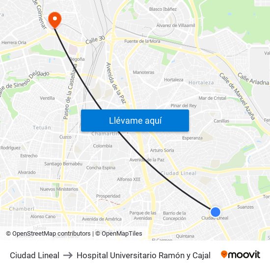 Ciudad Lineal to Hospital Universitario Ramón y Cajal map