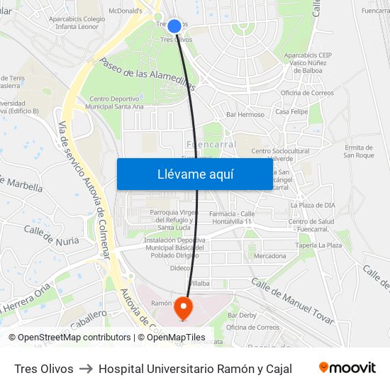 Tres Olivos to Hospital Universitario Ramón y Cajal map