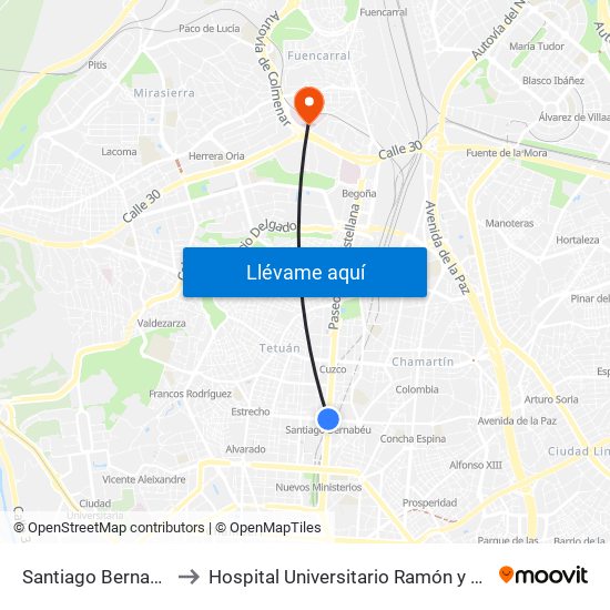 Santiago Bernabéu to Hospital Universitario Ramón y Cajal map