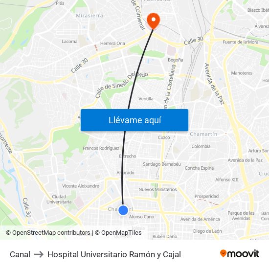 Canal to Hospital Universitario Ramón y Cajal map