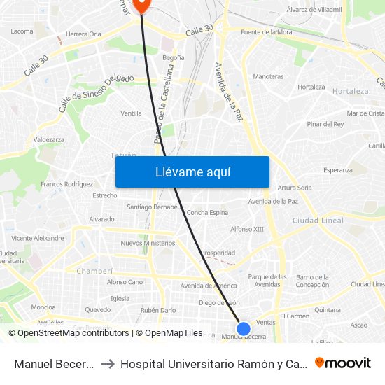 Manuel Becerra to Hospital Universitario Ramón y Cajal map