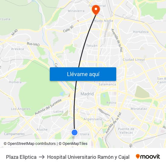 Plaza Elíptica to Hospital Universitario Ramón y Cajal map