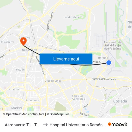 Aeropuerto T1 - T2 - T3 to Hospital Universitario Ramón y Cajal map