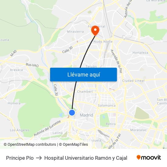 Príncipe Pío to Hospital Universitario Ramón y Cajal map