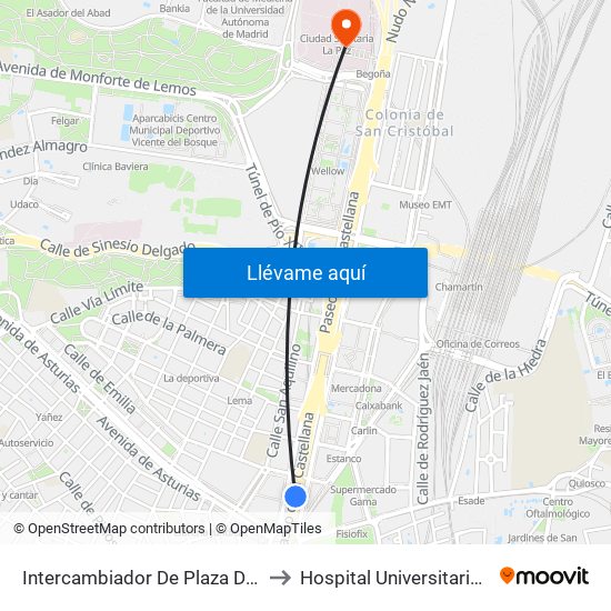 Intercambiador De Plaza De Castilla to Hospital Universitario La Paz map