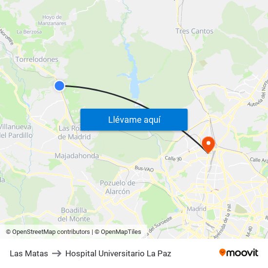 Las Matas to Hospital Universitario La Paz map