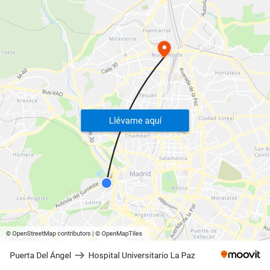 Puerta Del Ángel to Hospital Universitario La Paz map