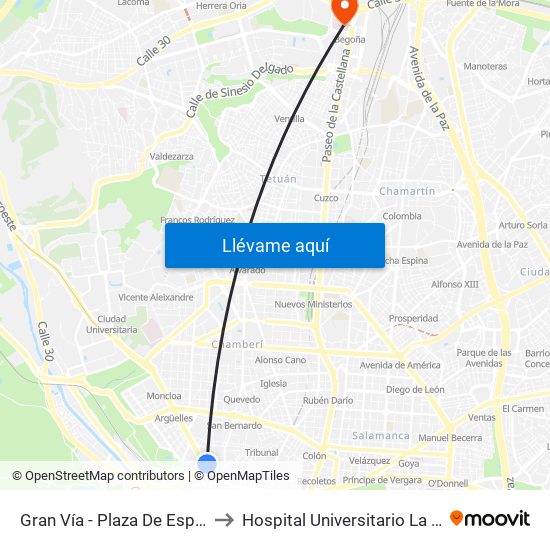 Gran Vía - Plaza De España to Hospital Universitario La Paz map