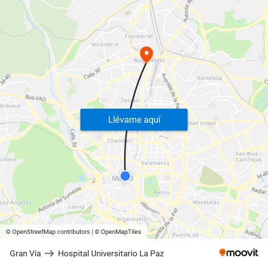 Gran Vía to Hospital Universitario La Paz map