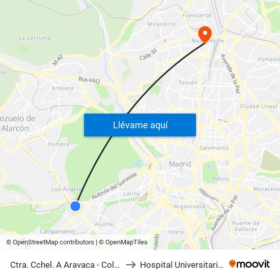 Ctra. Cchel. A Aravaca - Colonia Jardín to Hospital Universitario La Paz map