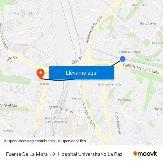Fuente De La Mora to Hospital Universitario La Paz map