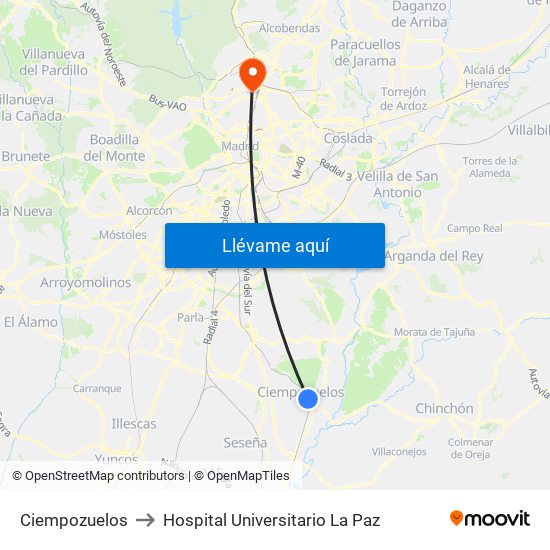 Ciempozuelos to Hospital Universitario La Paz map