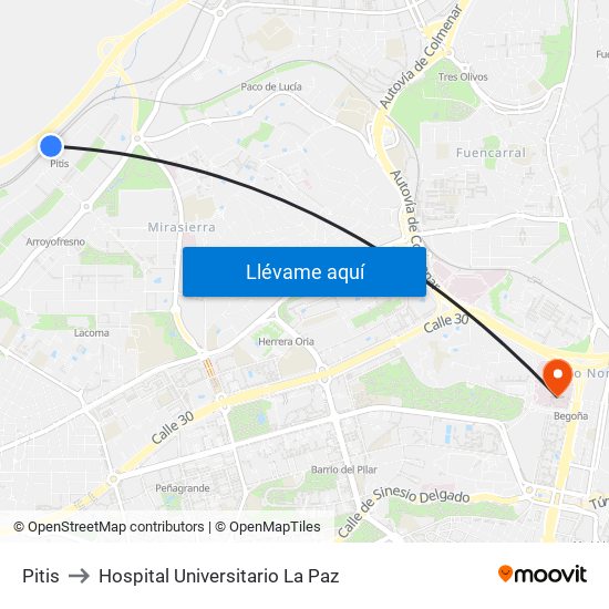 Pitis to Hospital Universitario La Paz map