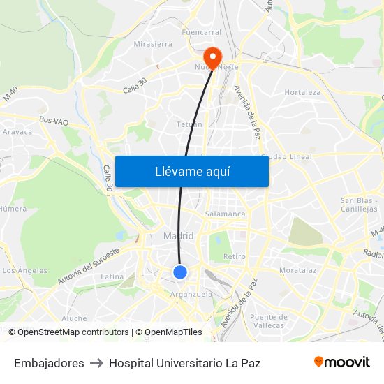 Embajadores to Hospital Universitario La Paz map