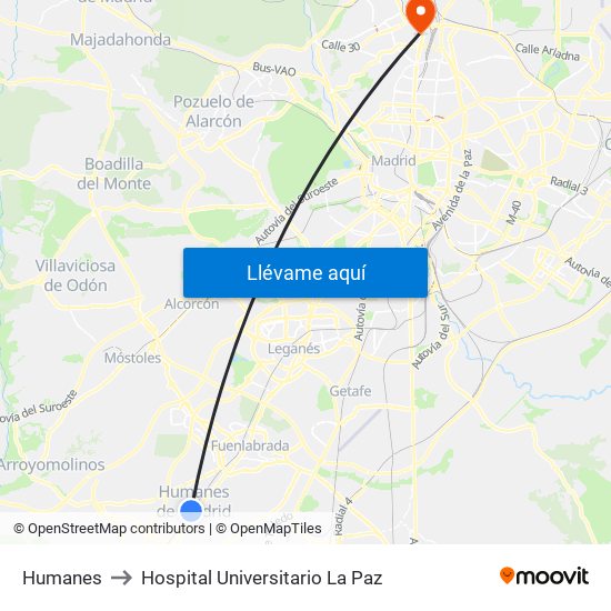 Humanes to Hospital Universitario La Paz map