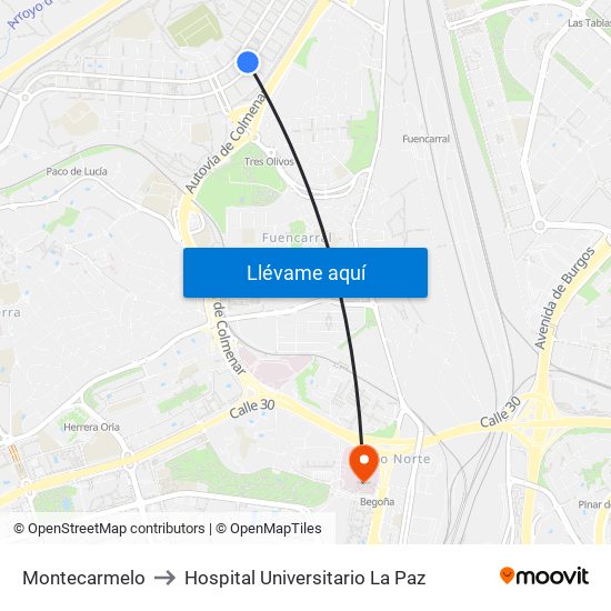 Montecarmelo to Hospital Universitario La Paz map