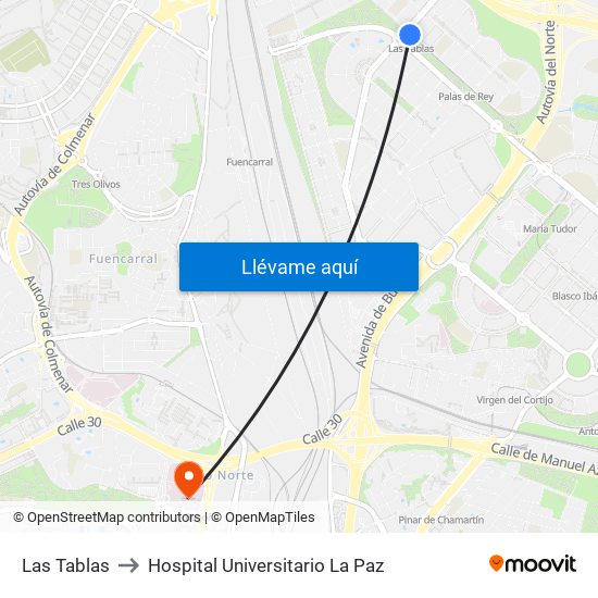 Las Tablas to Hospital Universitario La Paz map