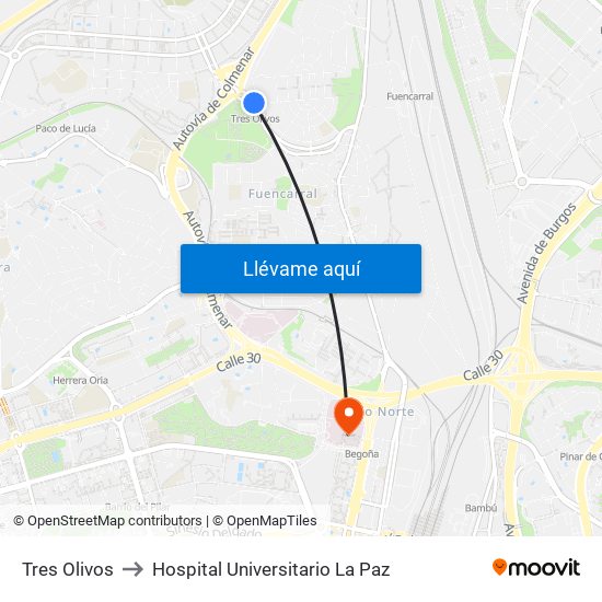 Tres Olivos to Hospital Universitario La Paz map