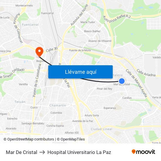 Mar De Cristal to Hospital Universitario La Paz map