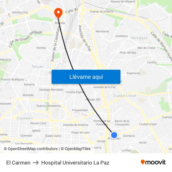 El Carmen to Hospital Universitario La Paz map