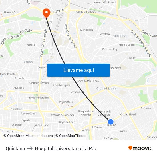 Quintana to Hospital Universitario La Paz map