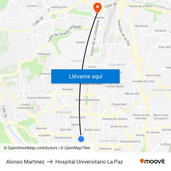 Alonso Martínez to Hospital Universitario La Paz map