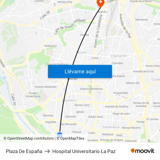 Plaza De España to Hospital Universitario La Paz map