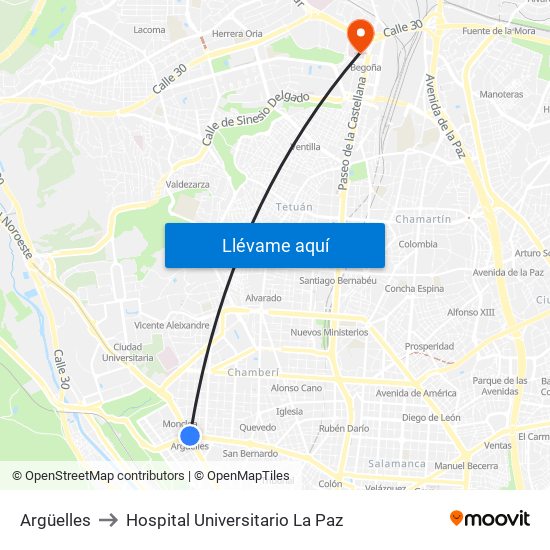 Argüelles to Hospital Universitario La Paz map