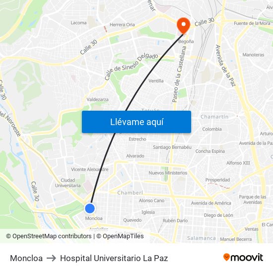 Moncloa to Hospital Universitario La Paz map