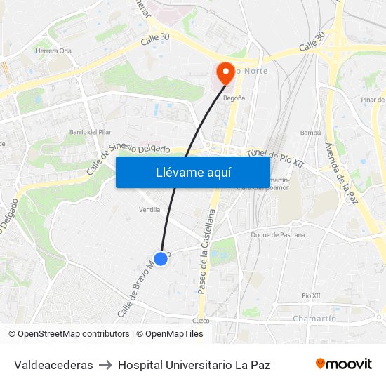 Valdeacederas to Hospital Universitario La Paz map