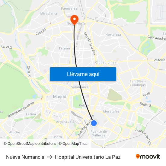 Nueva Numancia to Hospital Universitario La Paz map