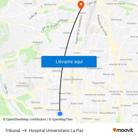 Tribunal to Hospital Universitario La Paz map