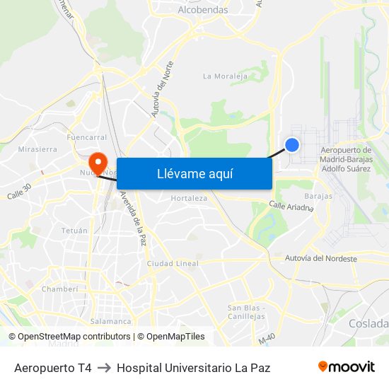 Aeropuerto T4 to Hospital Universitario La Paz map