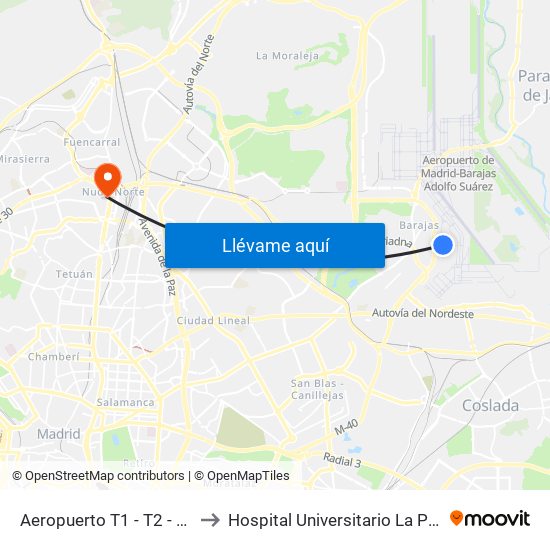 Aeropuerto T1 - T2 - T3 to Hospital Universitario La Paz map