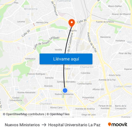 Nuevos Ministerios to Hospital Universitario La Paz map