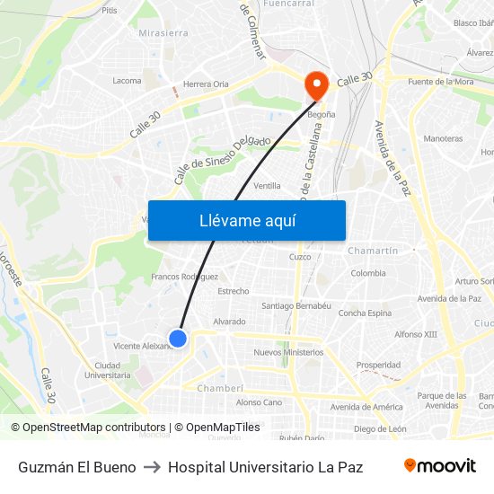 Guzmán El Bueno to Hospital Universitario La Paz map