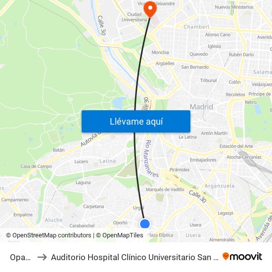 Opañel to Auditorio Hospital Clínico Universitario San Carlos map