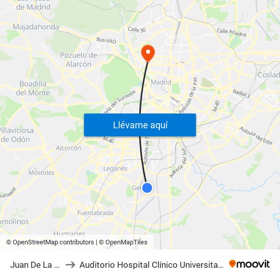 Juan De La Cierva to Auditorio Hospital Clínico Universitario San Carlos map