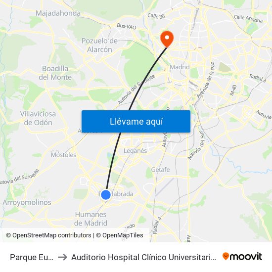 Parque Europa to Auditorio Hospital Clínico Universitario San Carlos map