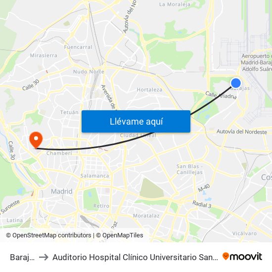 Barajas to Auditorio Hospital Clínico Universitario San Carlos map