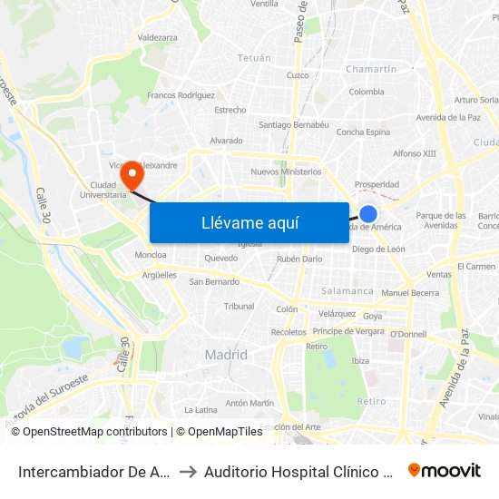 Intercambiador De Avenida De América to Auditorio Hospital Clínico Universitario San Carlos map