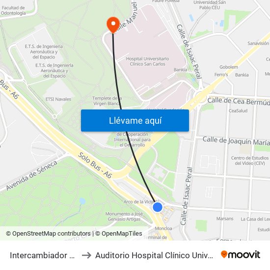 Intercambiador De Moncloa to Auditorio Hospital Clínico Universitario San Carlos map